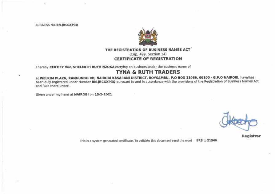 Certificate of Registration for Tyna & Ruth Traders, Business No. BN-JRCGXP3Q, registered 15-2-2021